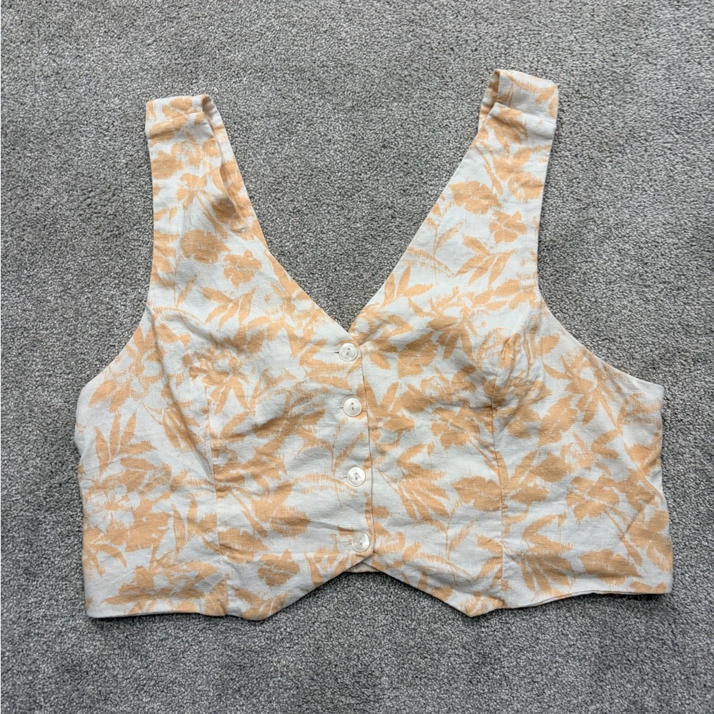 Abercrombie & Fitch Beige and White Floral Linen Crop Veat